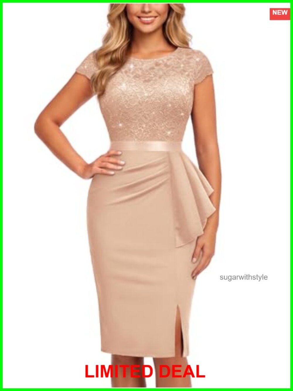 Elegant Sequin Lace Cap Sleeve Cocktail Dress Scoop Neck Back V-Neck